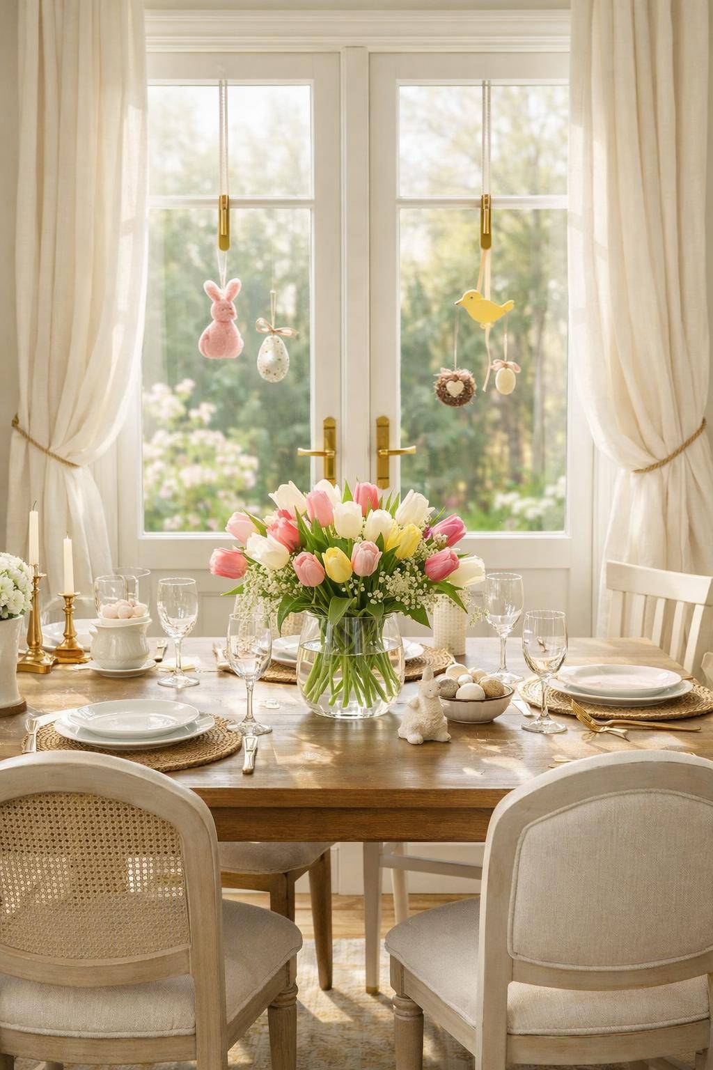 Frühlingsdeko im Esszimmer- Hänge kleine Dekohänger an die Fenstergriffe