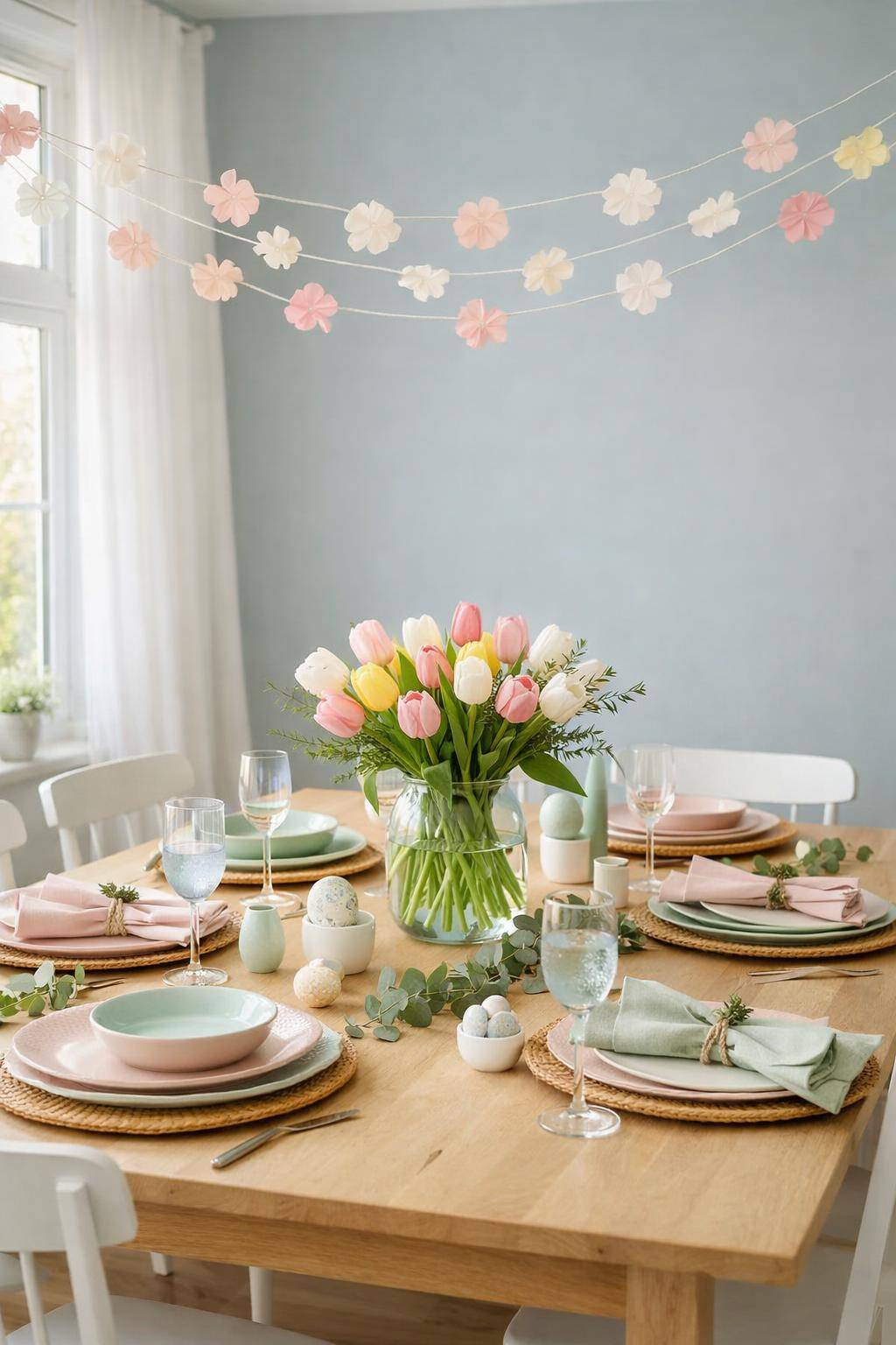 Frühlingsdeko im Esszimmer- Hänge leichte Girlanden aus Papierblüten auf