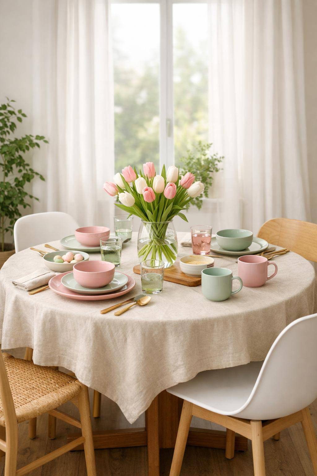 Frühlingsdeko im Esszimmer- Kombiniere Keramikgeschirr in zarten Farbtönen