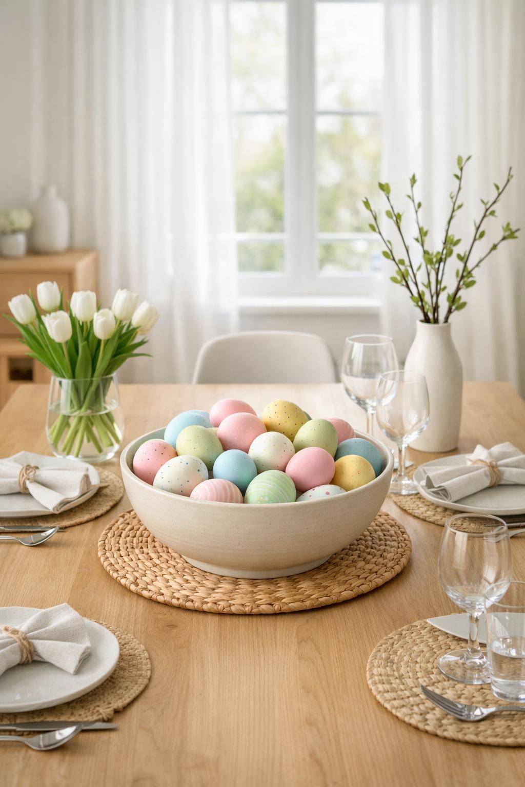 Frühlingsdeko im Esszimmer- Platziere bemalte Eier in einer Schale