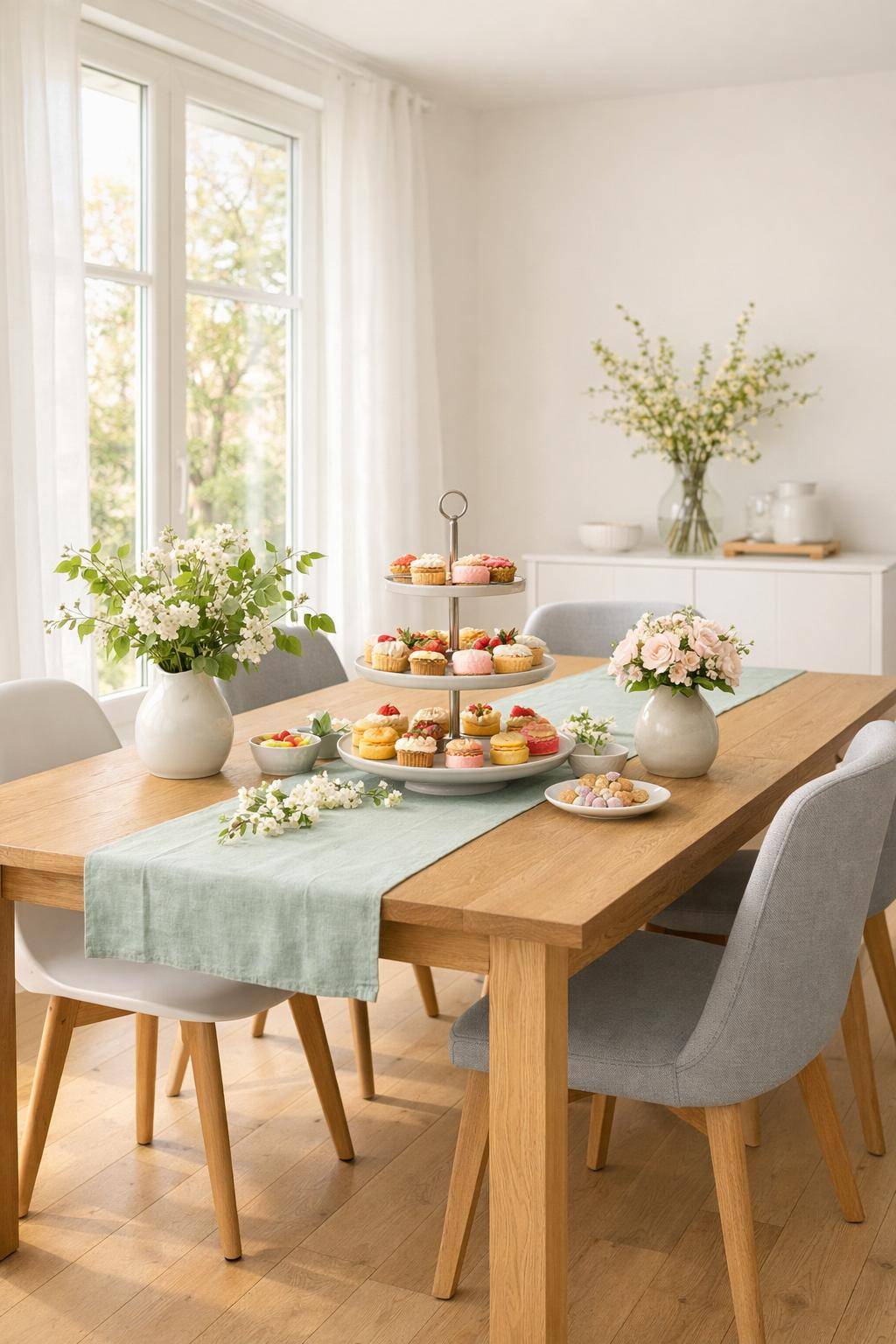 Frühlingsdeko im Esszimmer- Präsentiere frühlingshafte Backwaren in einer Etagere