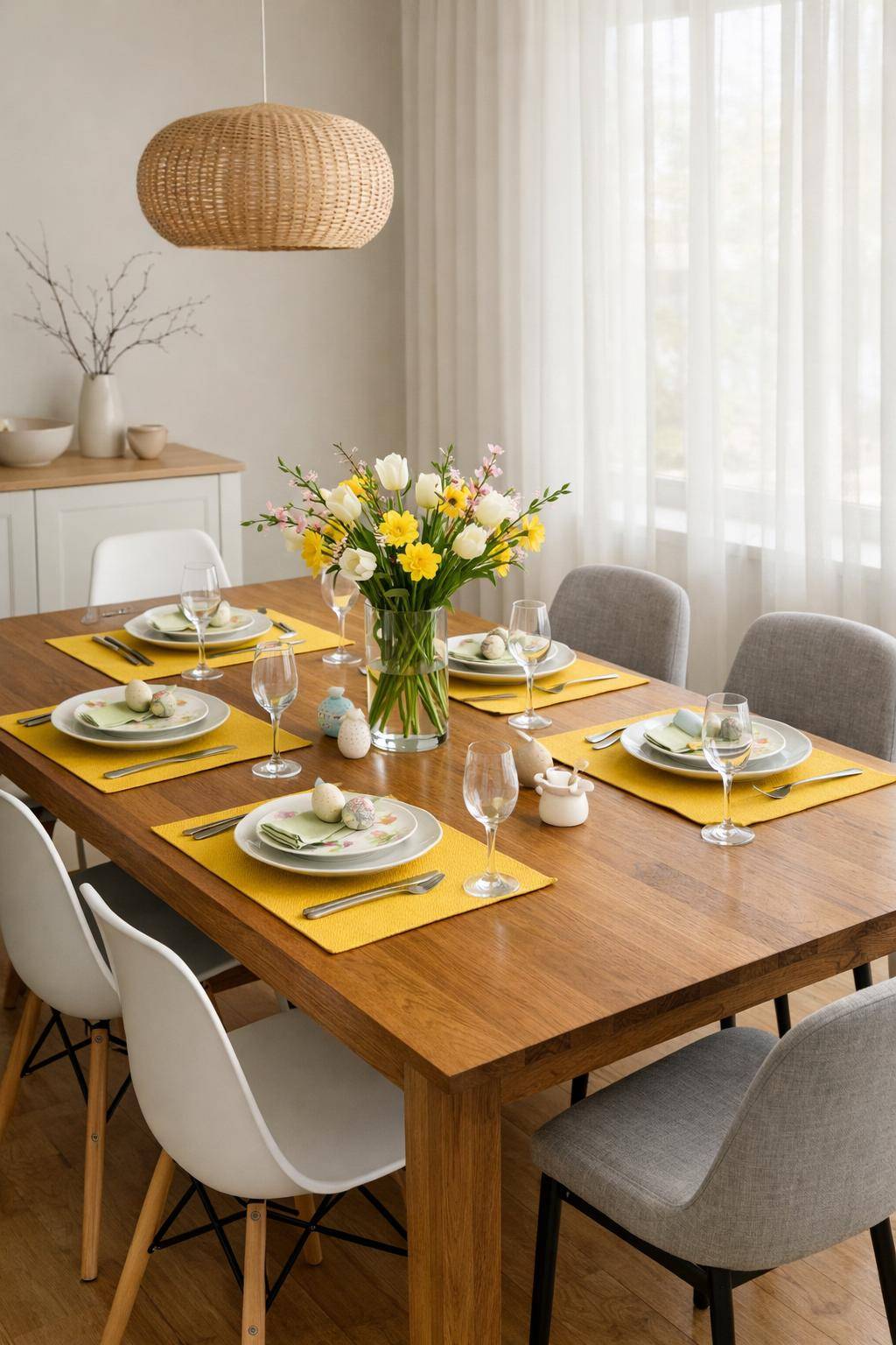 Frühlingsdeko im Esszimmer- Setze auf sonnengelbe Platzsets für Farbakzente