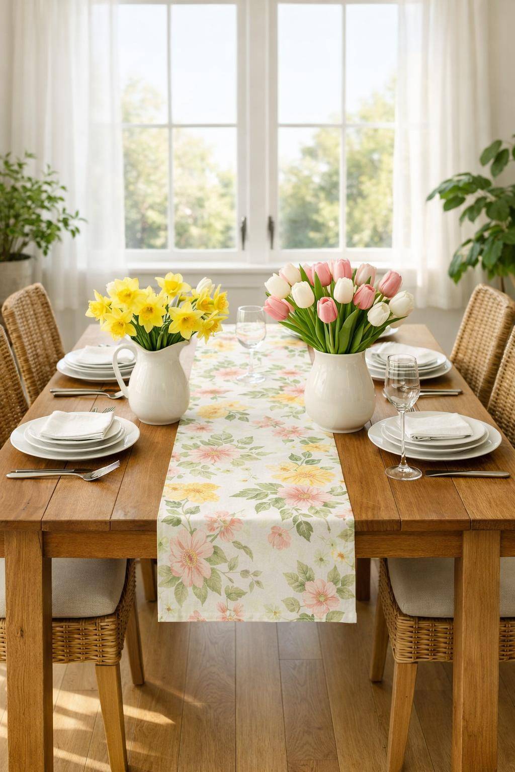 Frühlingsdeko im Esszimmer- Verwende gemusterte Tischläufer mit Frühlingsmotiven