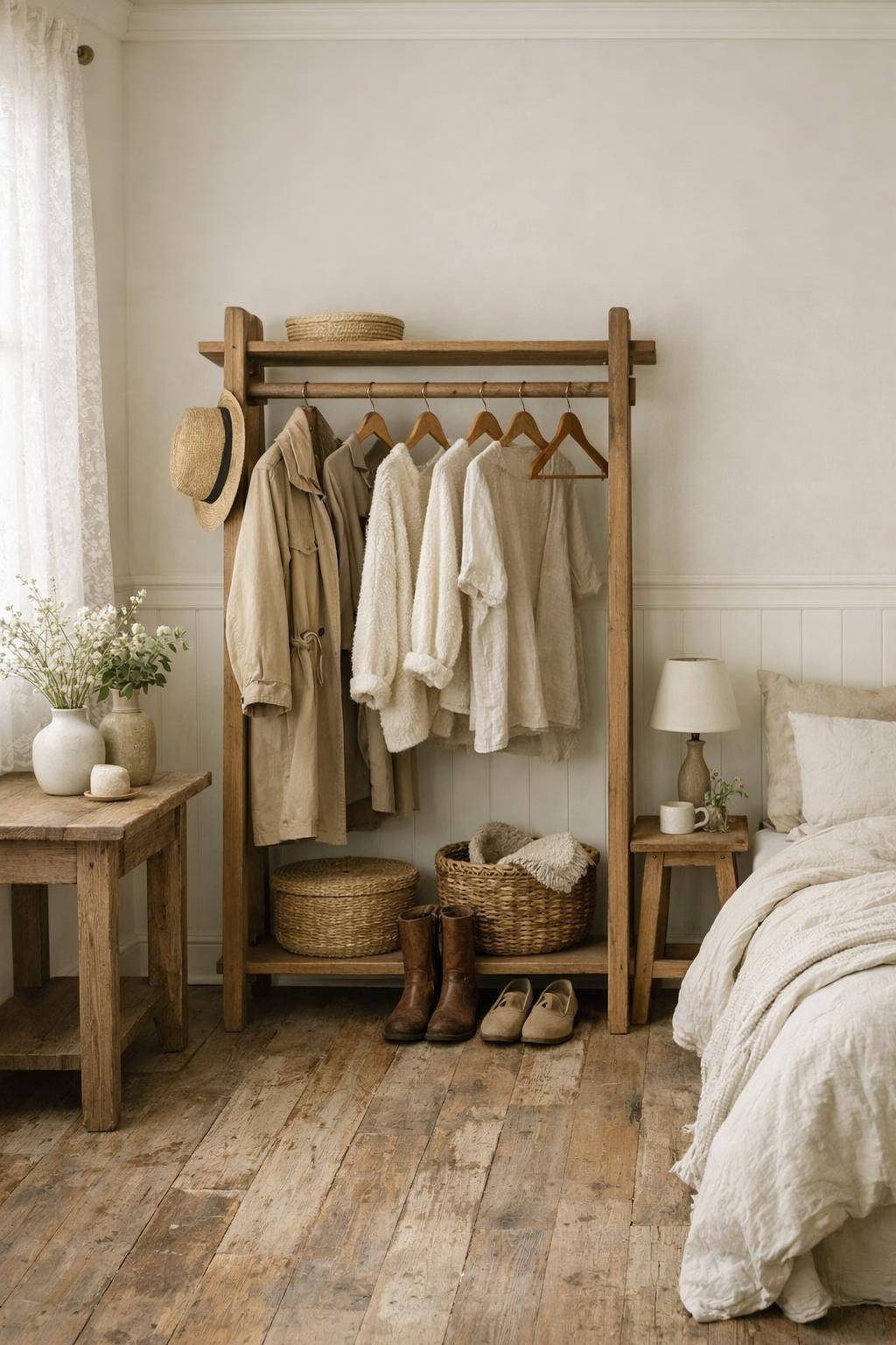 Gästezimmer im Landhausstil- Benutze einen Kleiderständer aus Holz für Mäntel
