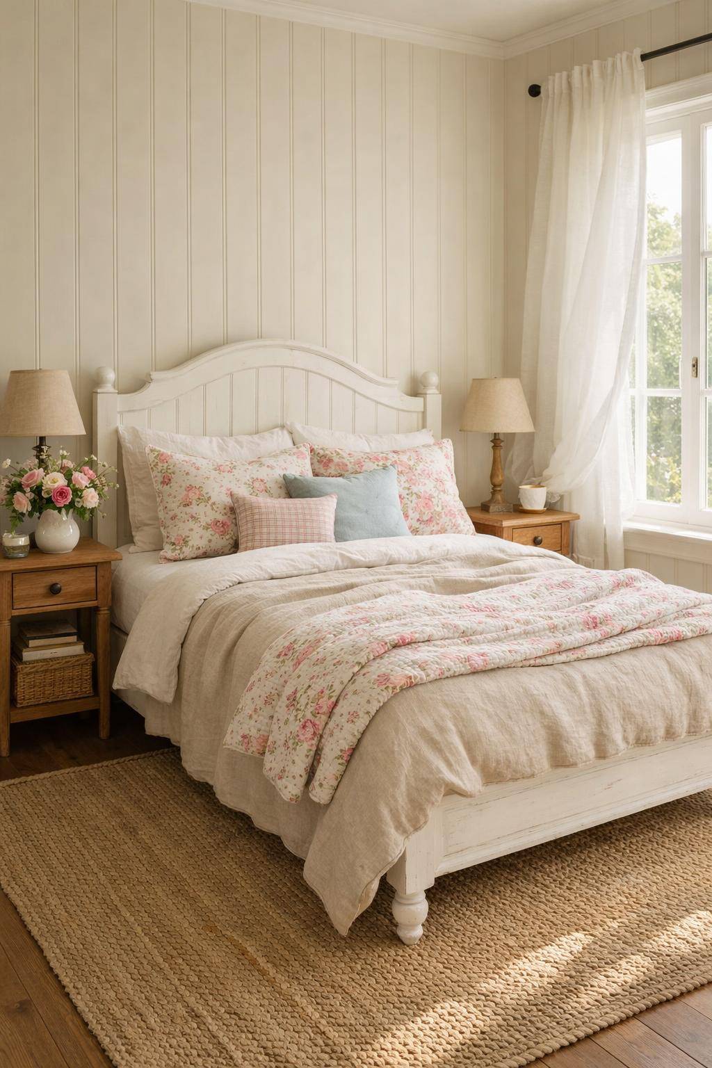 Gästezimmer im Landhausstil- Dekoriere mit floralen Kissen und Decken