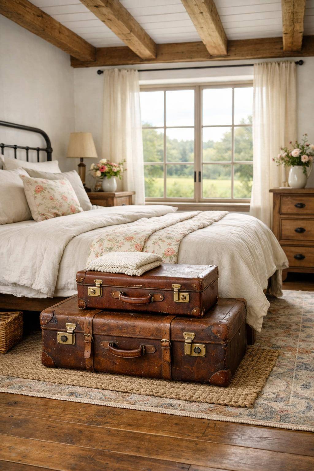 Gästezimmer im Landhausstil- Integriere einen alten Koffer als Deko und Stauraum