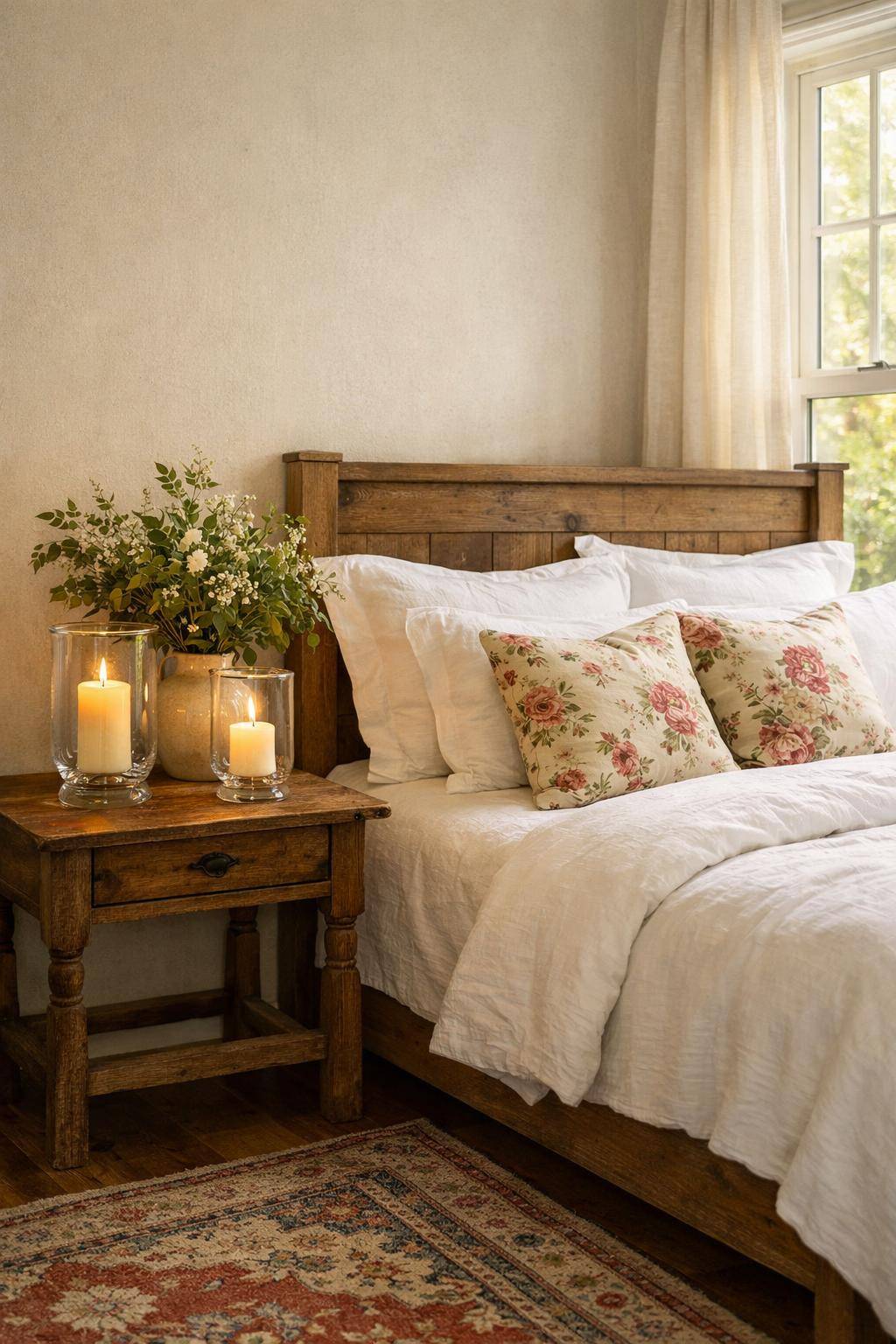 Gästezimmer im Landhausstil- Stelle Kerzen in Glaswindlichtern auf