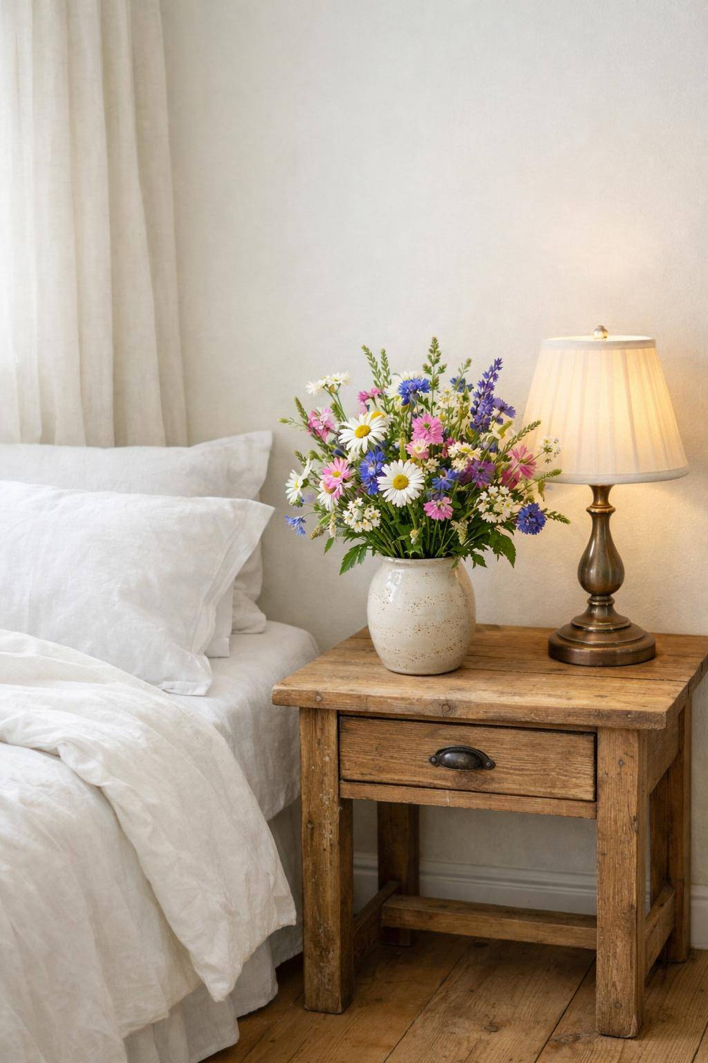Gästezimmer im Landhausstil- Stelle frische Blumen auf den Nachttisch