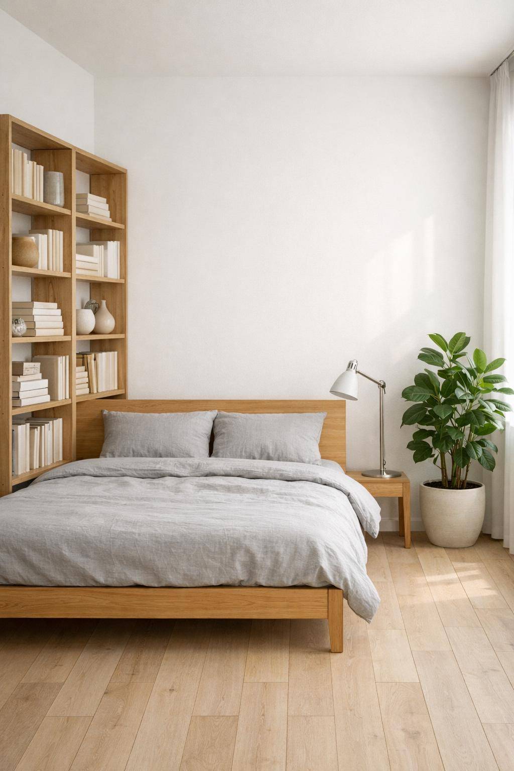Gästezimmer im Scandi-Look- Arrangiere Bücher in offenen Regalen