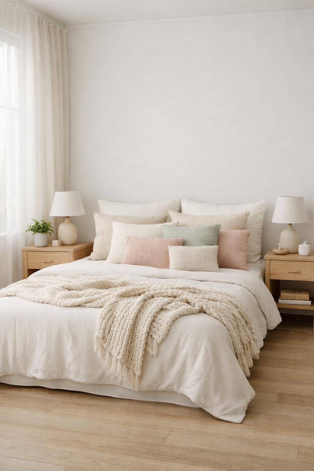 Gästezimmer im Scandi-Look- Betone das Bett mit Kissenlayern