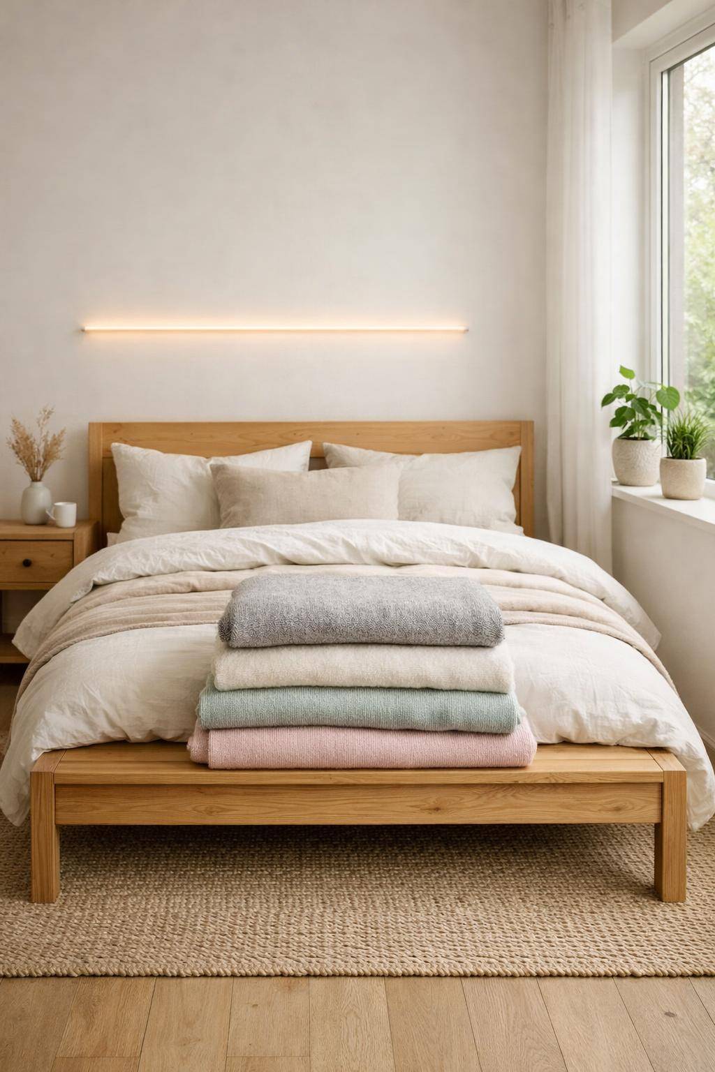 Gästezimmer im Scandi-Look- Biete gefaltete Wolldecken für Gäste an
