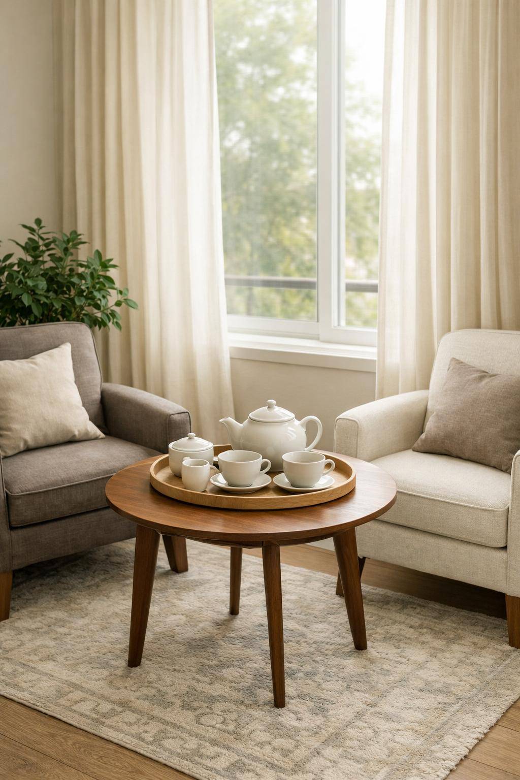 Gästezimmer in Beige- Arrangiere eine stilvolle Tee-Ecke am Fenster