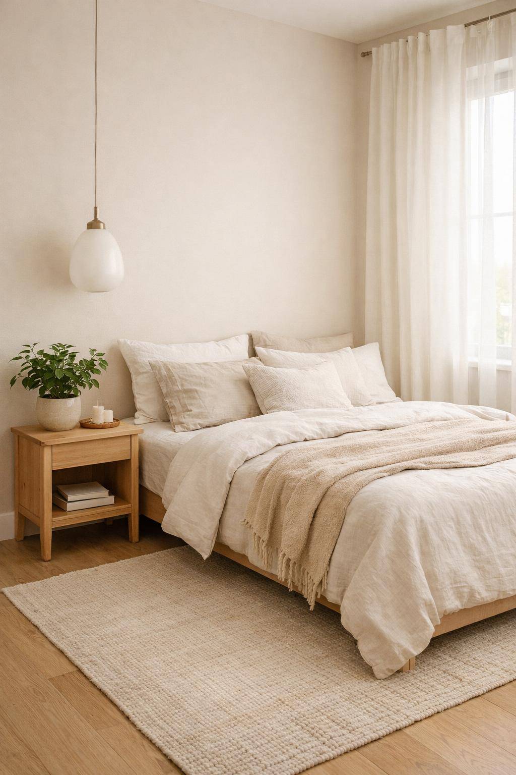 Gästezimmer in Beige- Erweitere das Raumgefühl durch helle Vorhänge