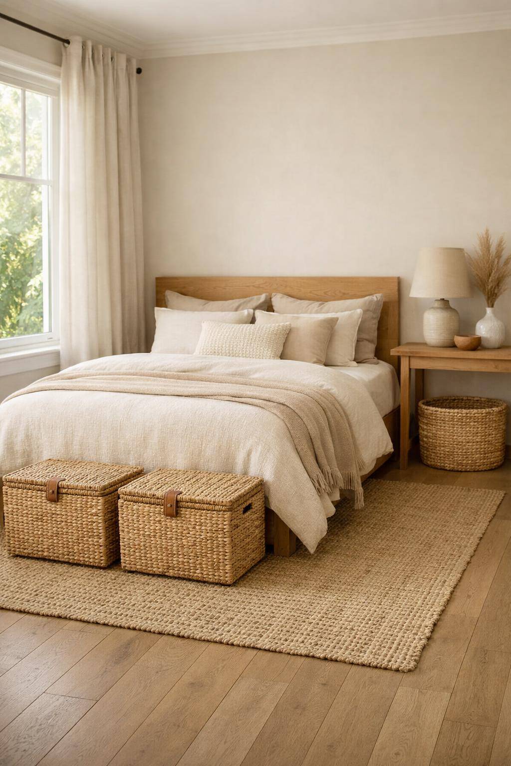 Gästezimmer in Beige- Platziere geflochtene Körbe als Aufbewahrung