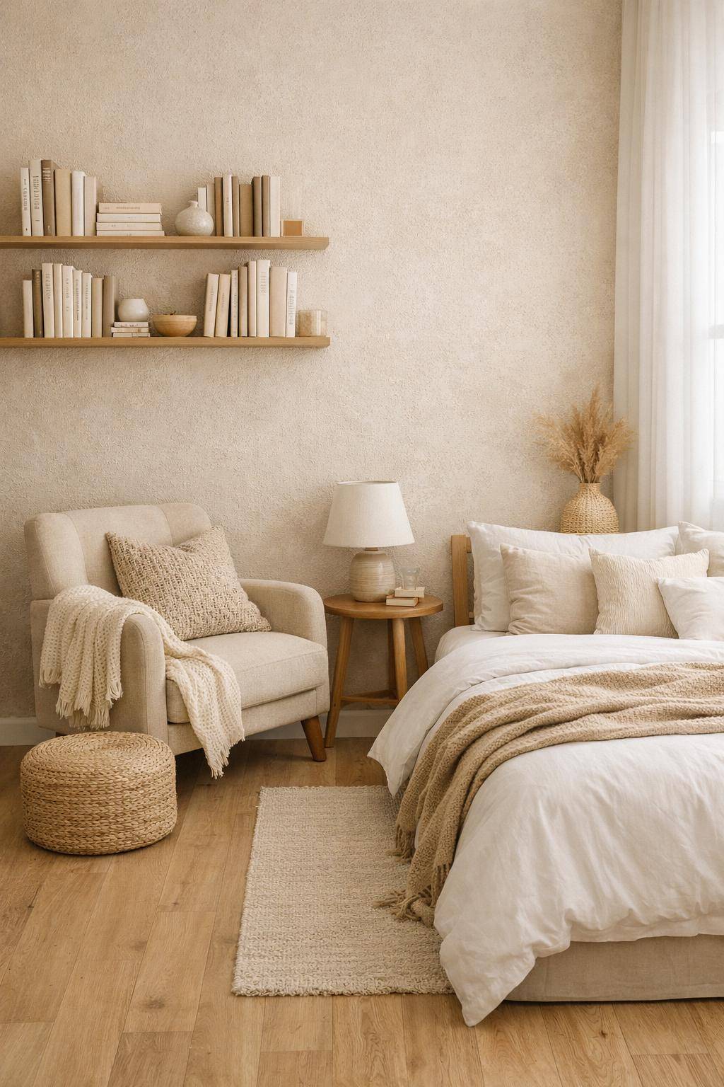 Gästezimmer in Beige- Präsentier Bücher auf einem schmalen Regal