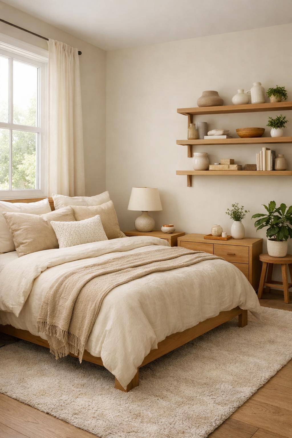 Gästezimmer in Beige- Schaffe offene Ablageflächen mit Holzmöbeln