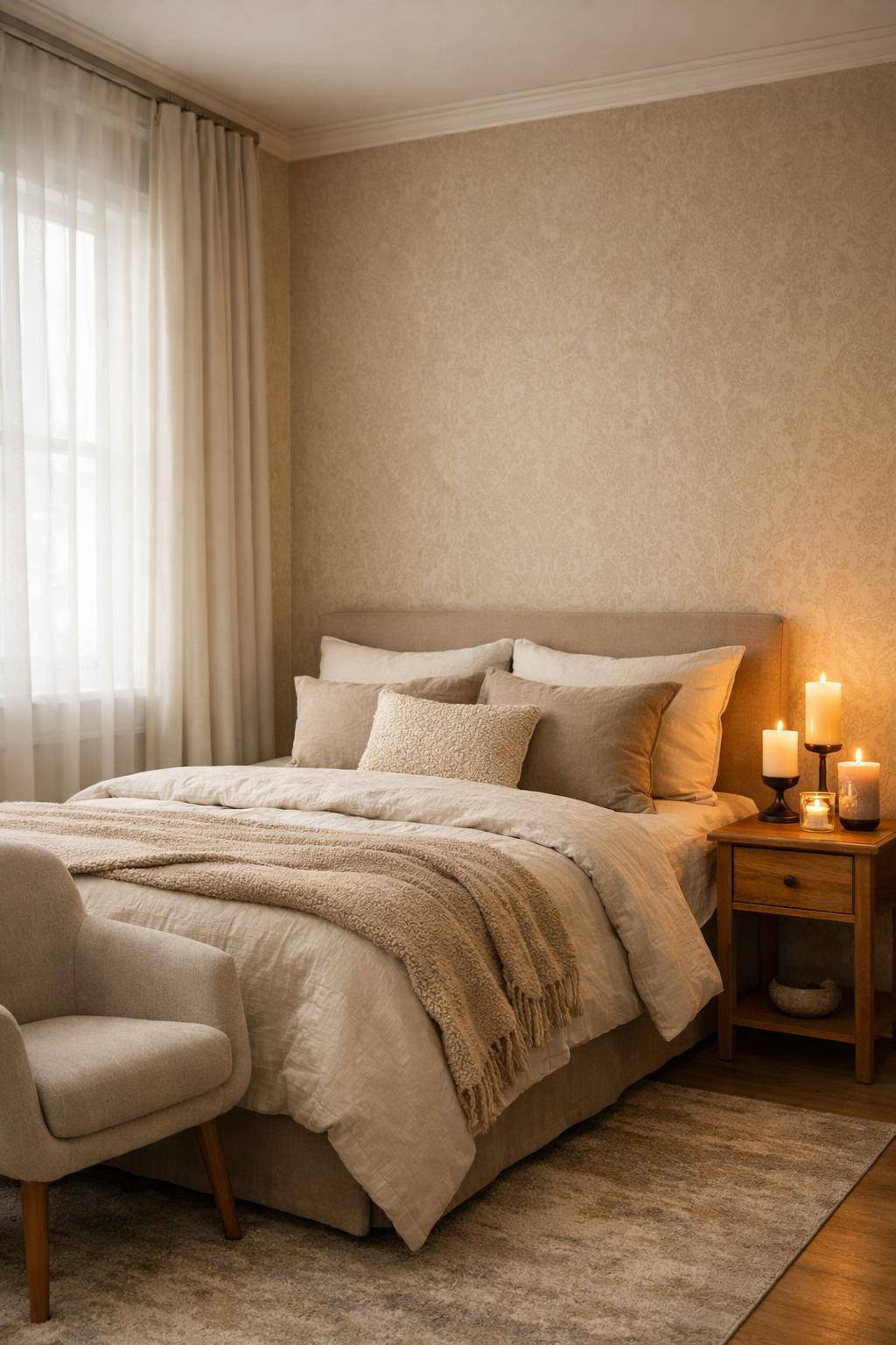 Gästezimmer in Beige- Taue die Atmosphäre mit Kerzen auf