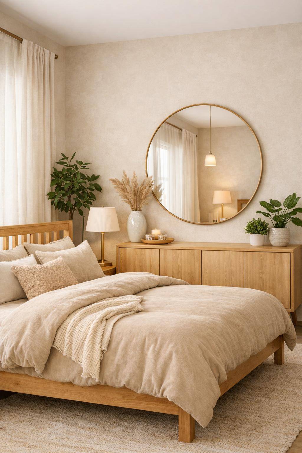 Gästezimmer in Beige- Wähle runde Spiegel für optische Weite