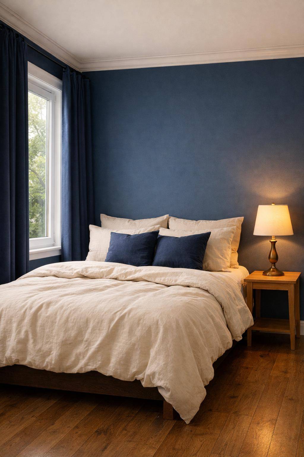 Gästezimmer in Blau- Bringe dunkle Vorhänge für Gemütlichkeit an