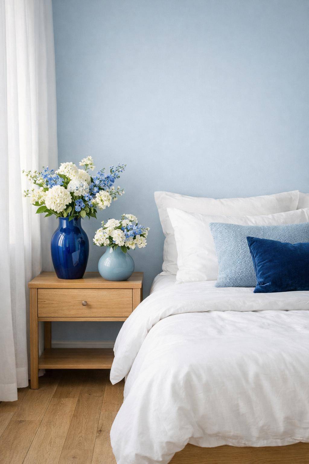 Gästezimmer in Blau- Dekoriere mit blauen Vasen und Blüten