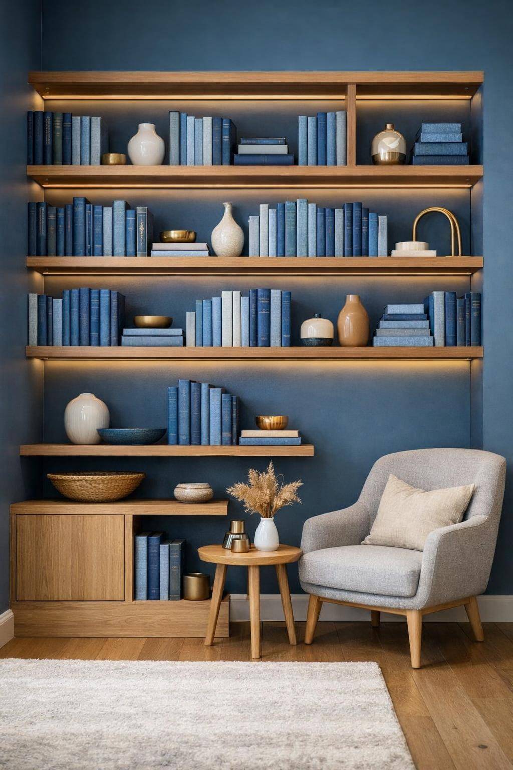 Gästezimmer in Blau- Gestalte ein Regal mit blauen Büchern