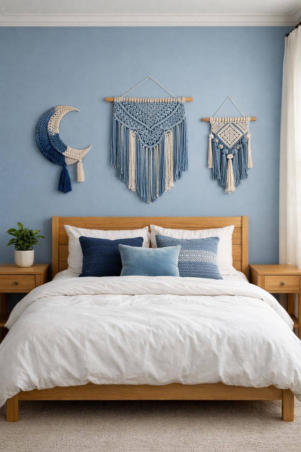 Gästezimmer in Blau- Hänge handgefertigte blaue Makramees auf