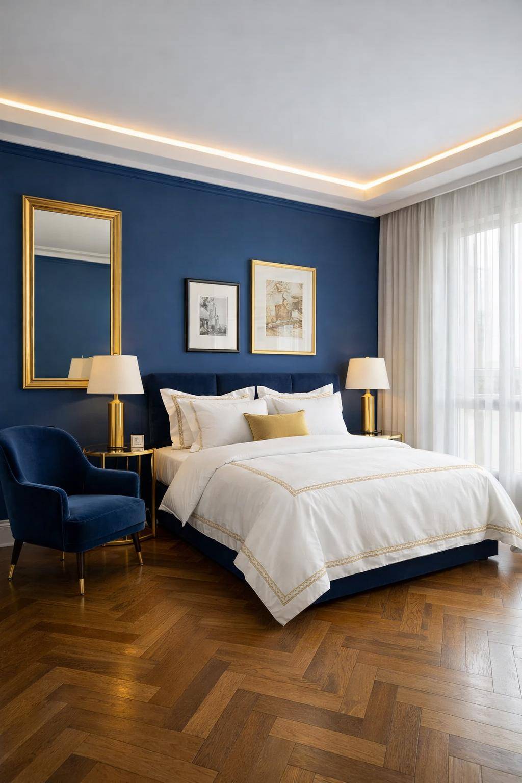 Gästezimmer in Blau- Integriere goldene Akzente für Eleganz