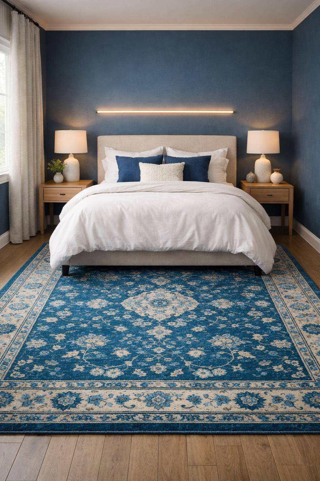 Gästezimmer in Blau- Lege einen Teppich in Azurblau aus