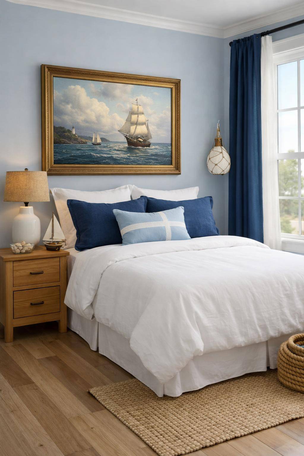 Gästezimmer in Blau- Platziere ein maritimes Bild an die Wand