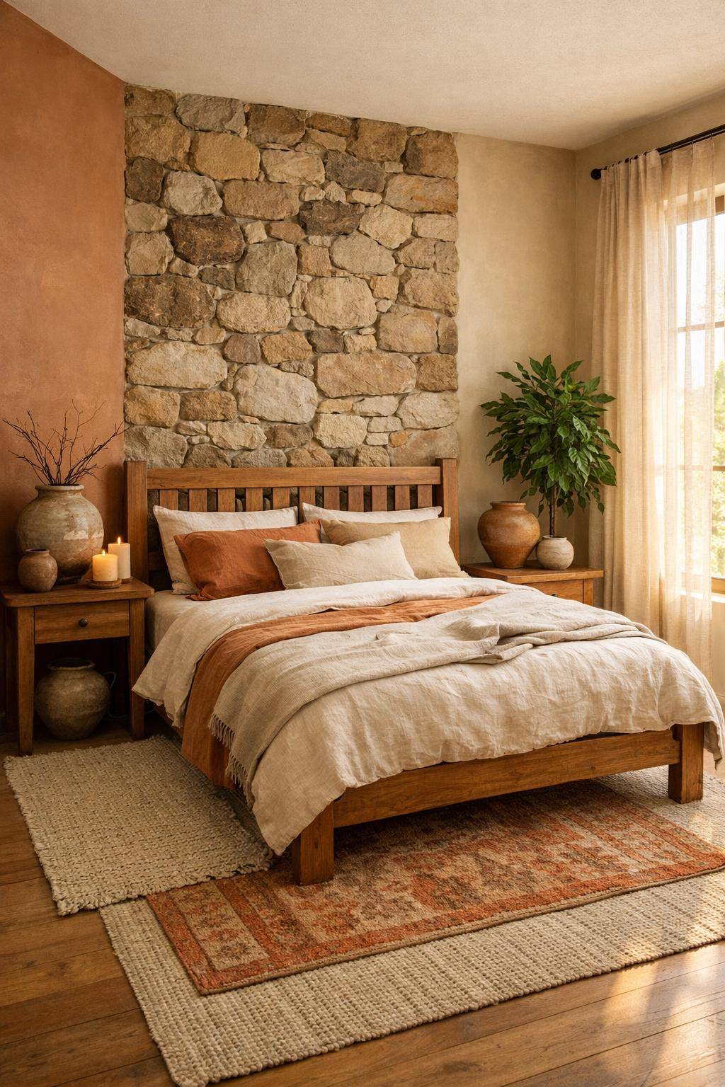 Gästezimmer in Erdtönen- Experimentiere mit Naturstein-Elementen als Hingucker