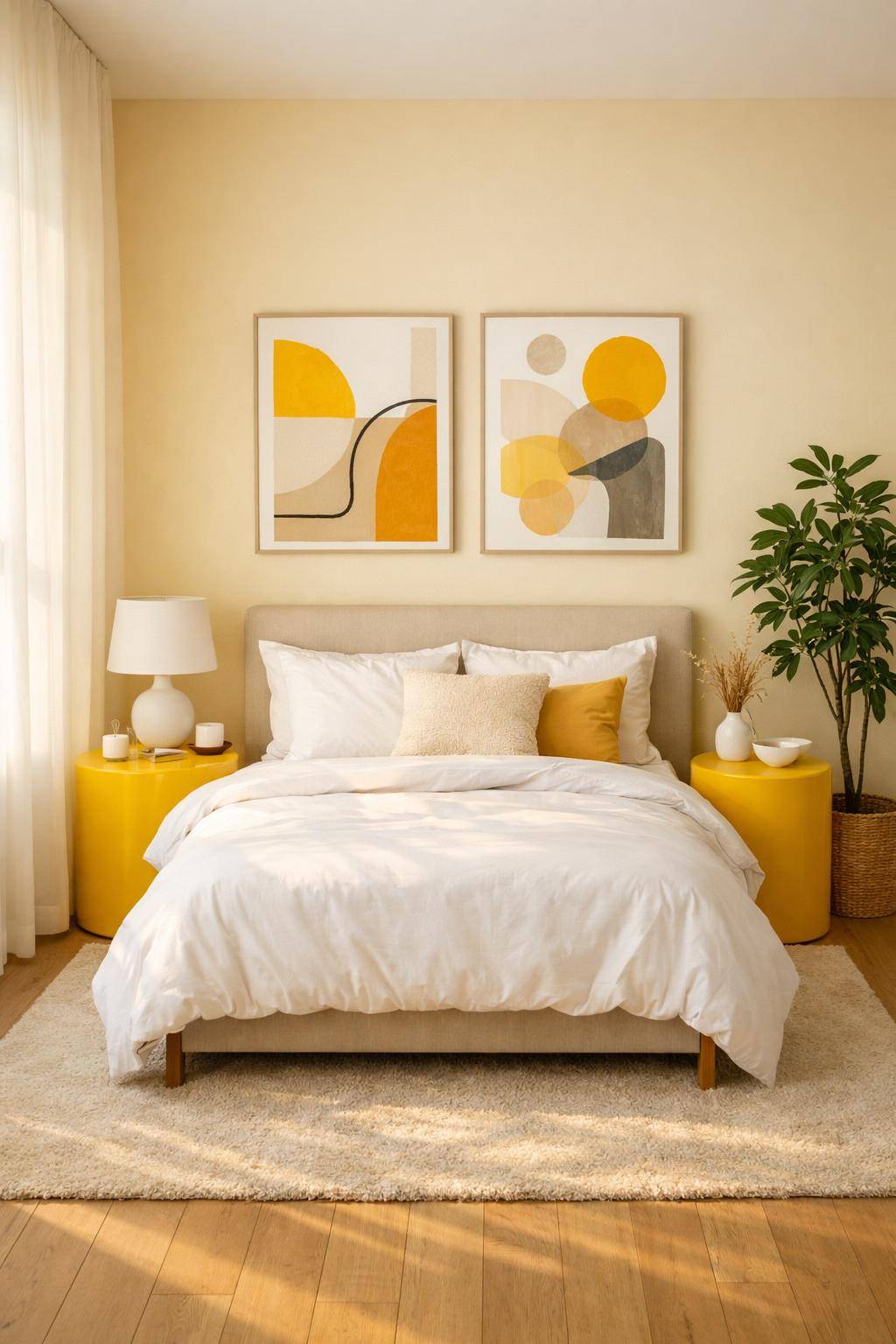 Gästezimmer in Gelb- Arrangiere gelbe Beistelltische neben dem Bett