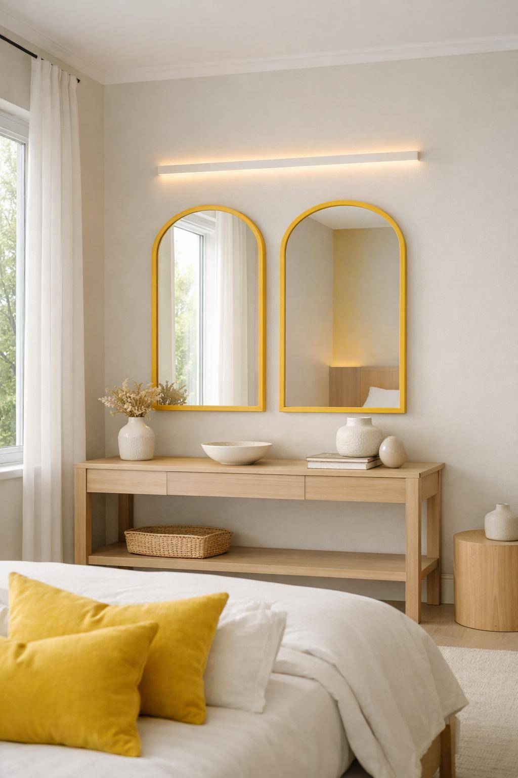 Gästezimmer in Gelb- Erweitere den Raum mit gelben Spiegelrahmen
