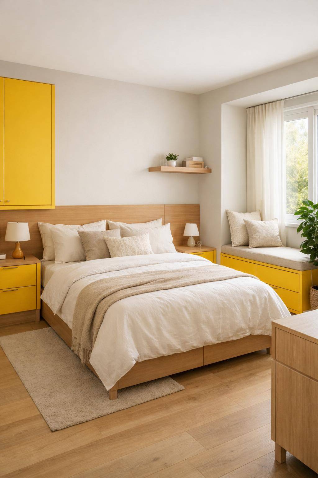 Gästezimmer in Gelb- Integriere gelbe Aufbewahrungsboxen ins Raumkonzept