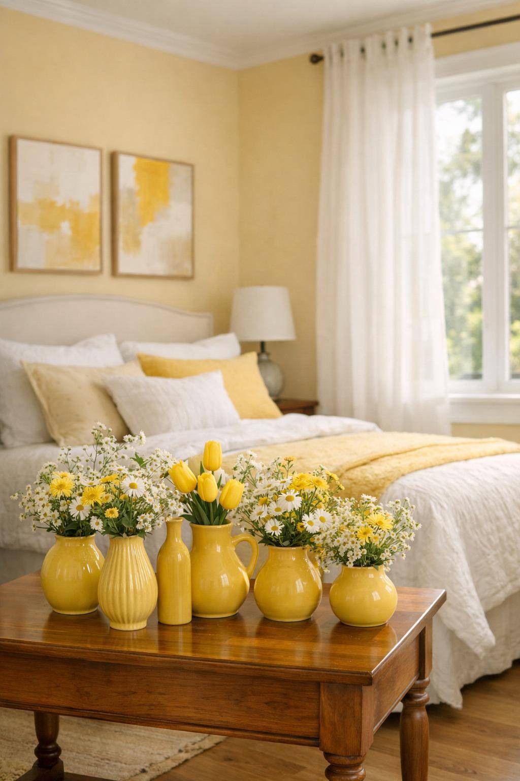 Gästezimmer in Gelb- Mische gelbe Vasen mit frischen Blumen