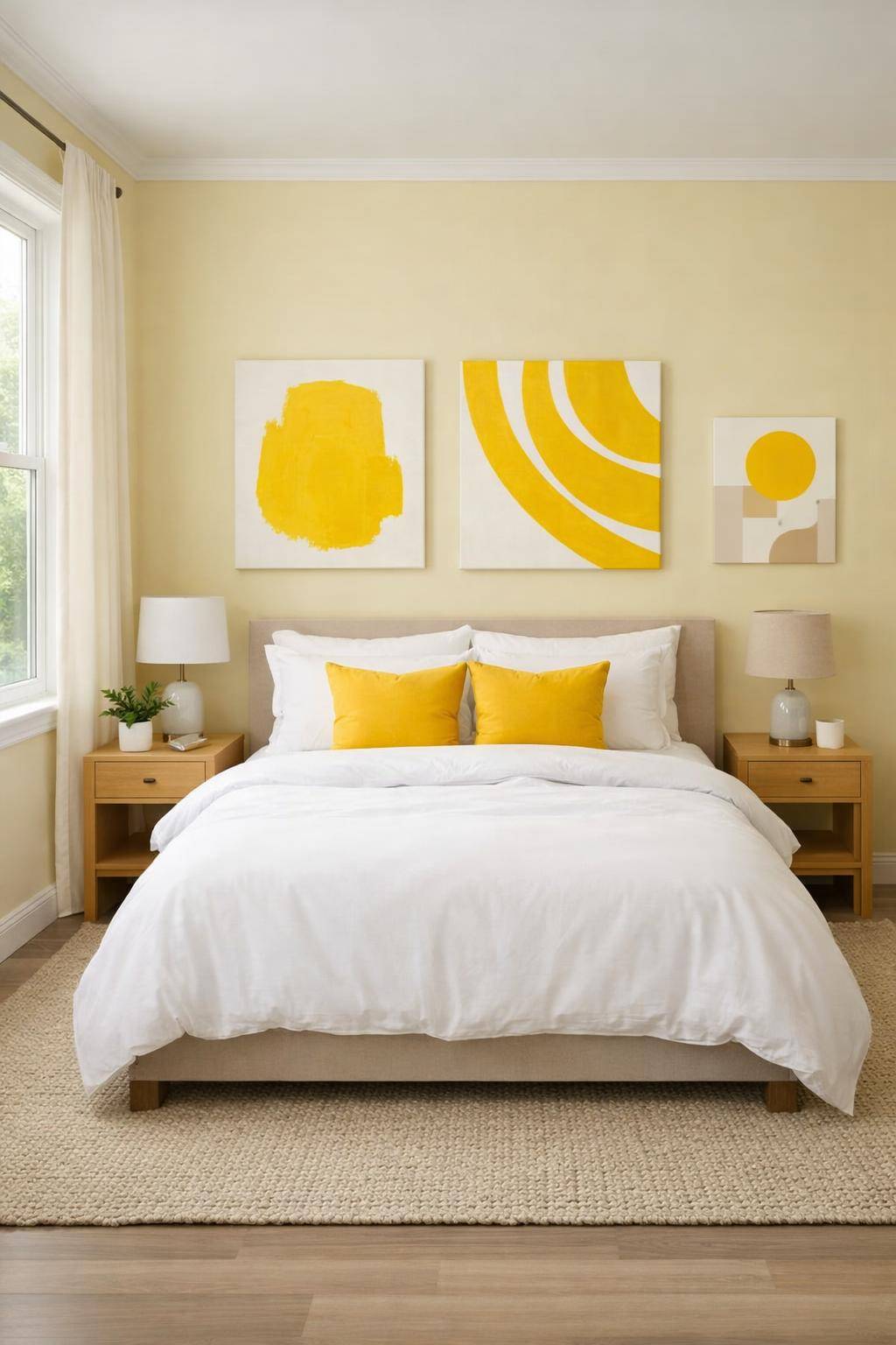 Gästezimmer in Gelb- Platziere gelbe Kunstwerke als Farbakzente