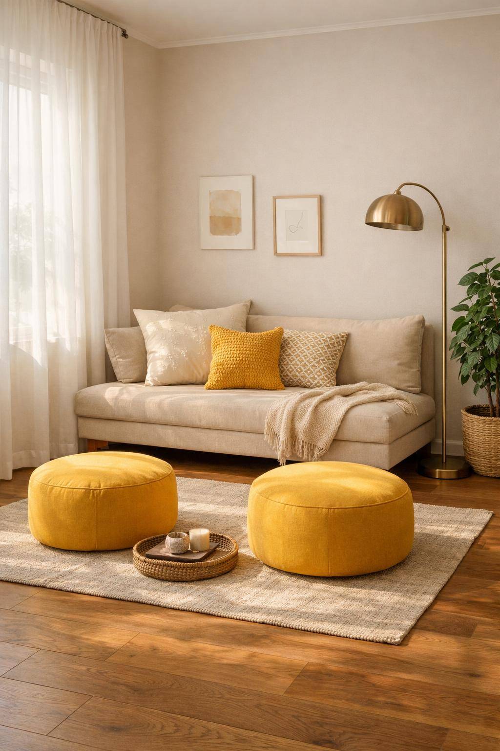 Gästezimmer in Gelb- Stelle Sitzpoufs in Senfgelb bereit