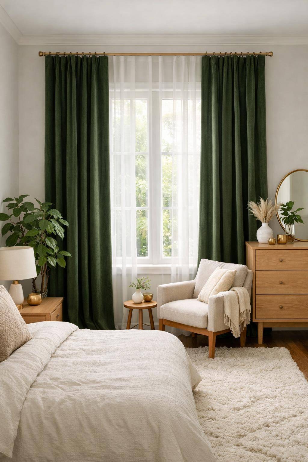 Gästezimmer in Grün- Lasse Moosgrün bei den Vorhängen einfließen