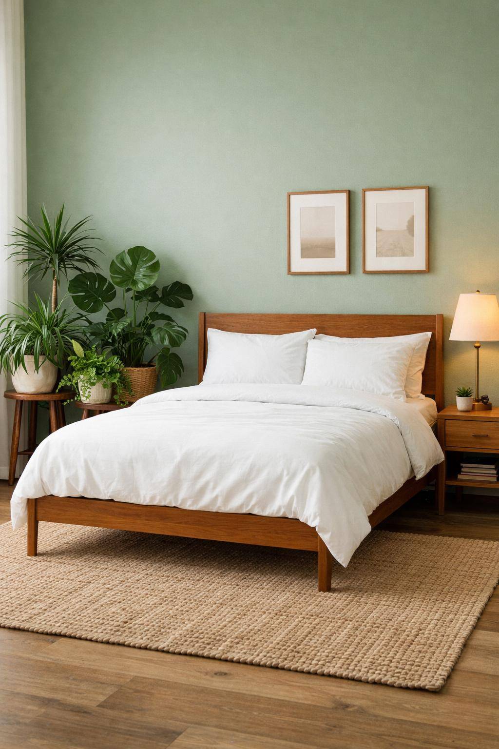 Gästezimmer in Grün- Stelle Pflanzen für Frische neben das Bett