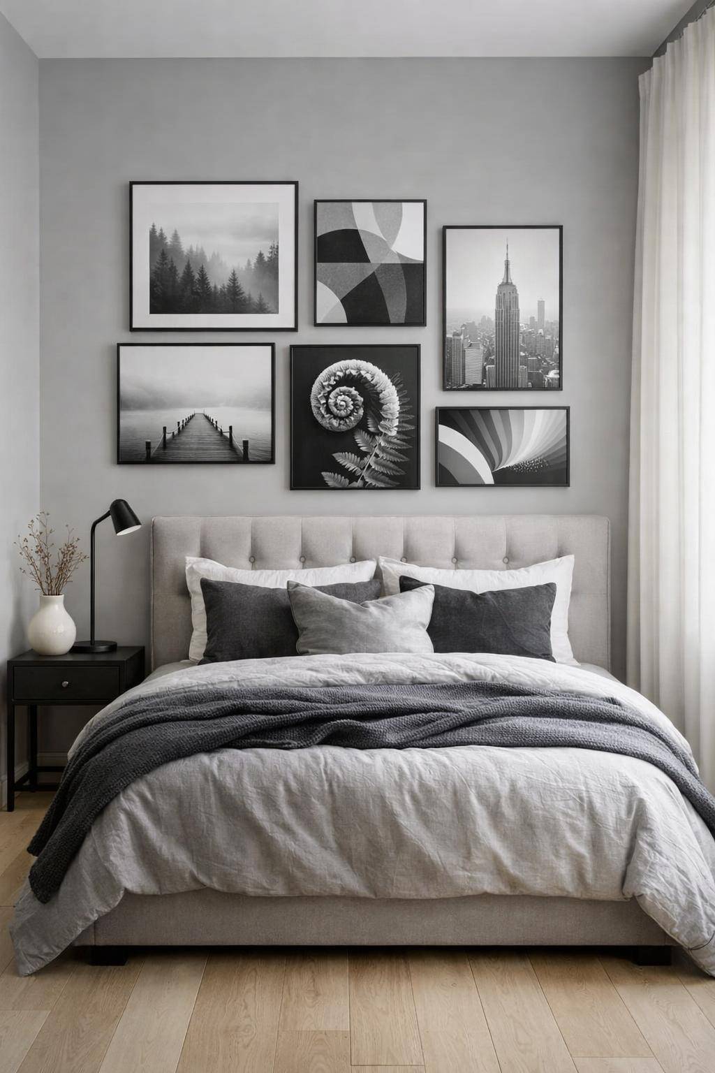 Gästezimmer in Grau- Arrangiere Kunstwerke in Schwarz-Weiß-Grau