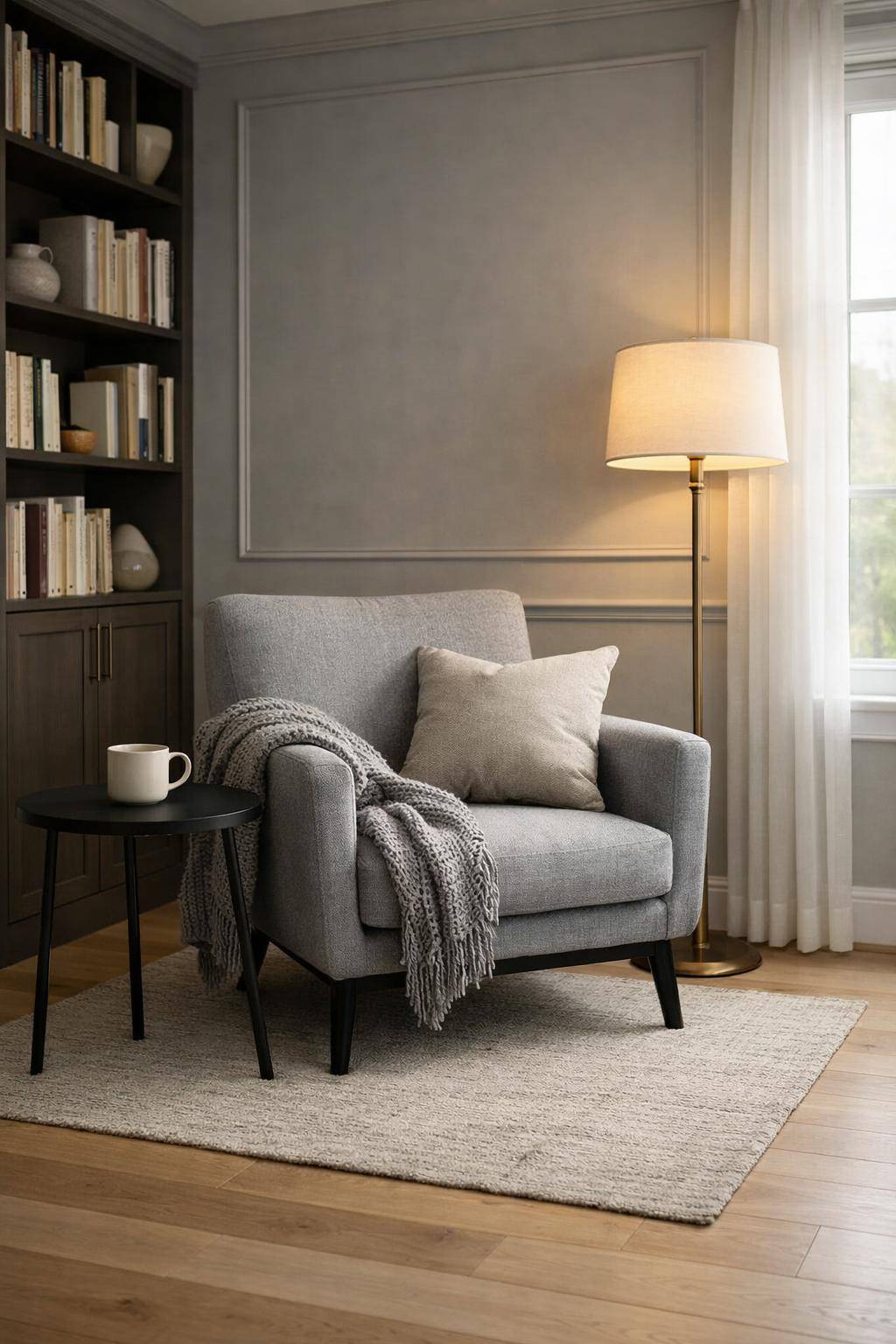 Gästezimmer in Grau- Baue eine Leseecke mit grauem Sessel ein