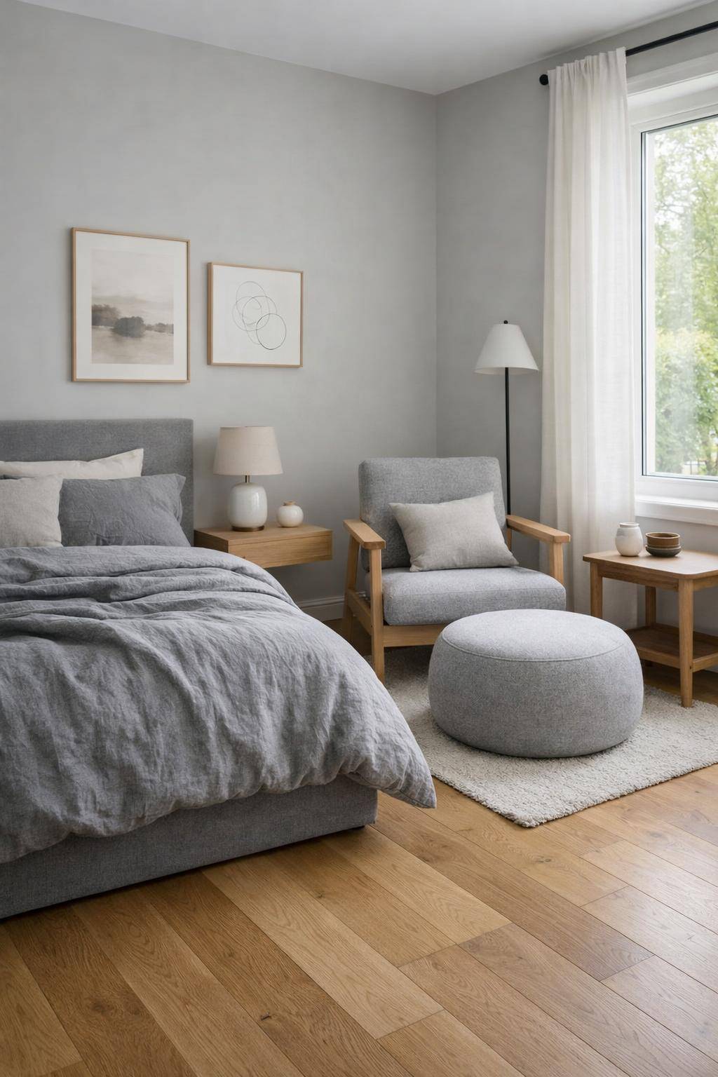 Gästezimmer in Grau- Ergänze einen Hocker aus Filz als Fußablage