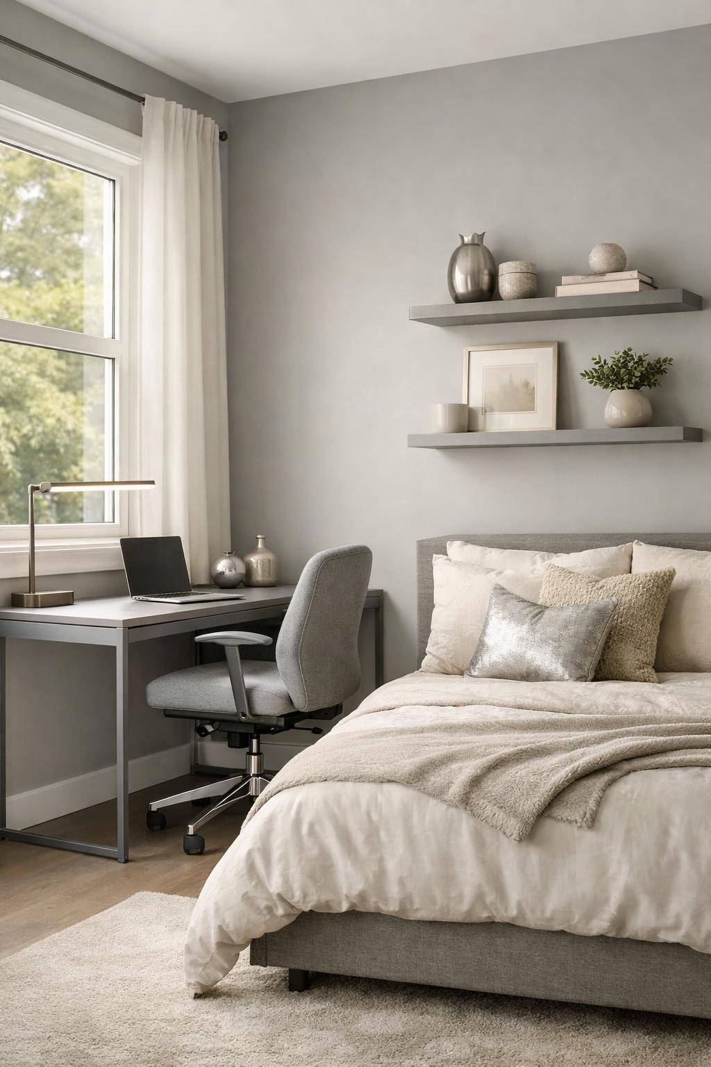 Gästezimmer in Grau- Gönne Gästen einen kleinen Schreibtisch in Metallgrau