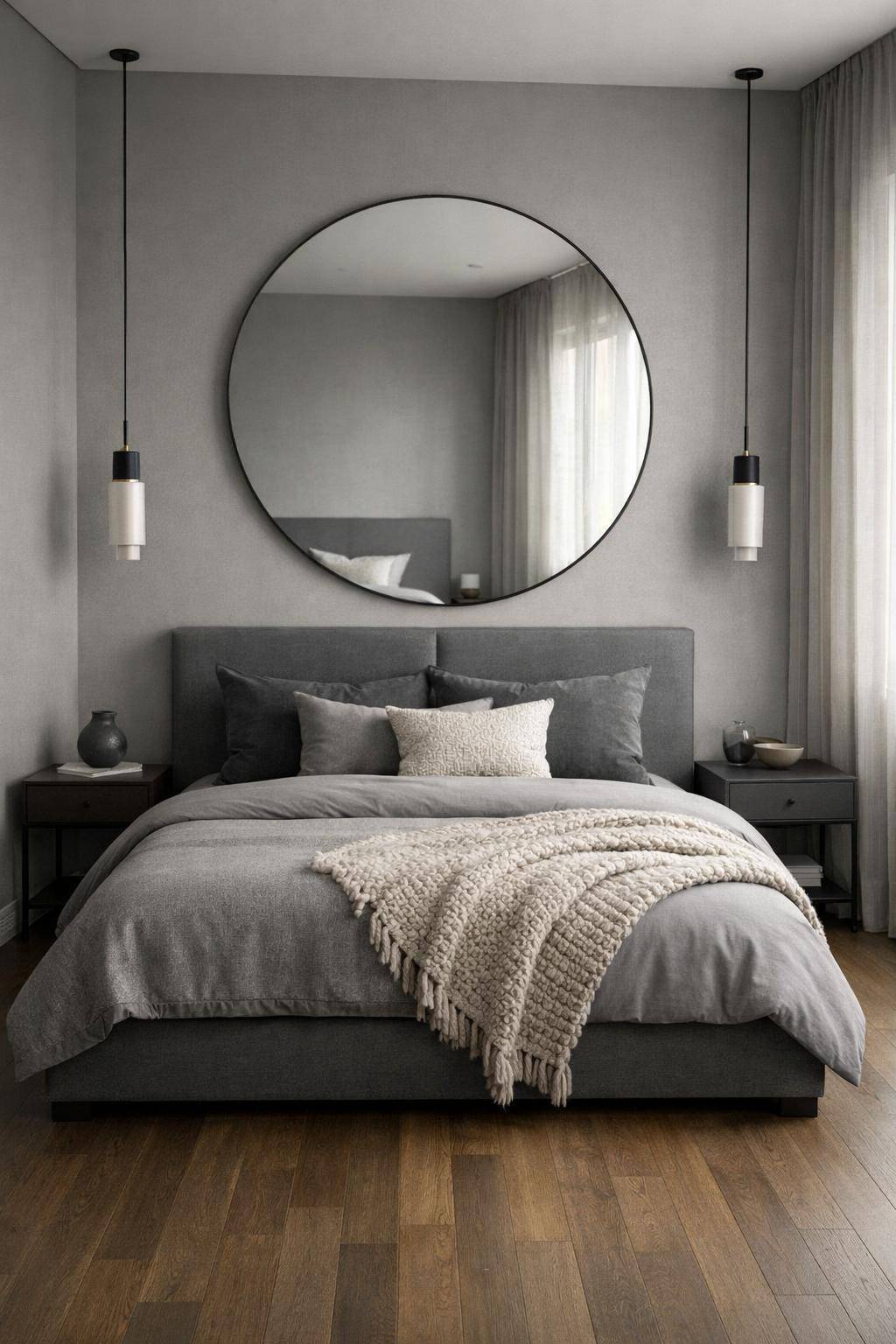 Gästezimmer in Grau- Hänge Spiegel auf, um Weite zu schaffen