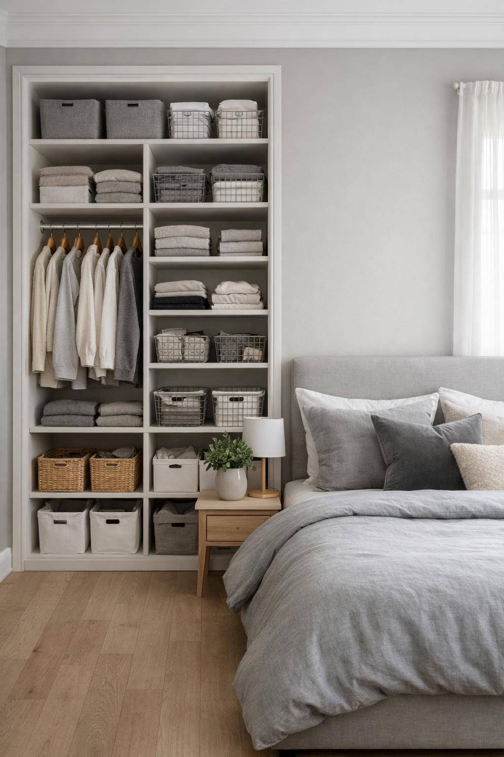 Gästezimmer in Grau- Pflege Ordnung mit Körben aus Draht und Stoff