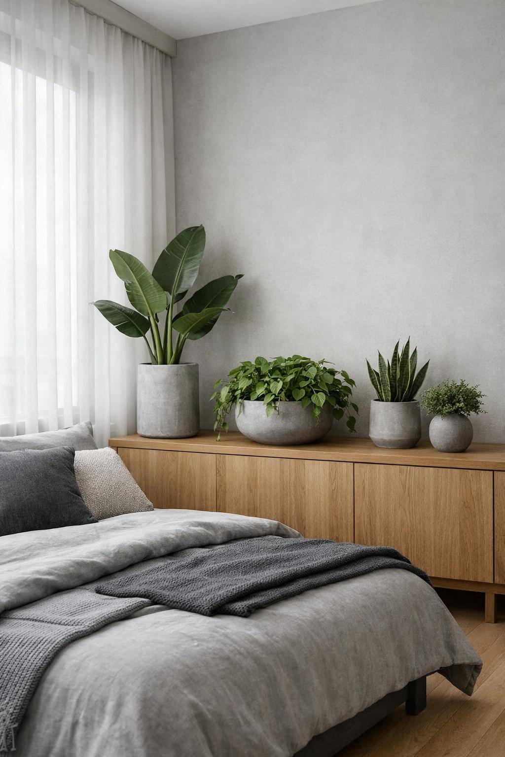 Gästezimmer in Grau- Stelle Pflanzen in eleganten Betonvasen auf