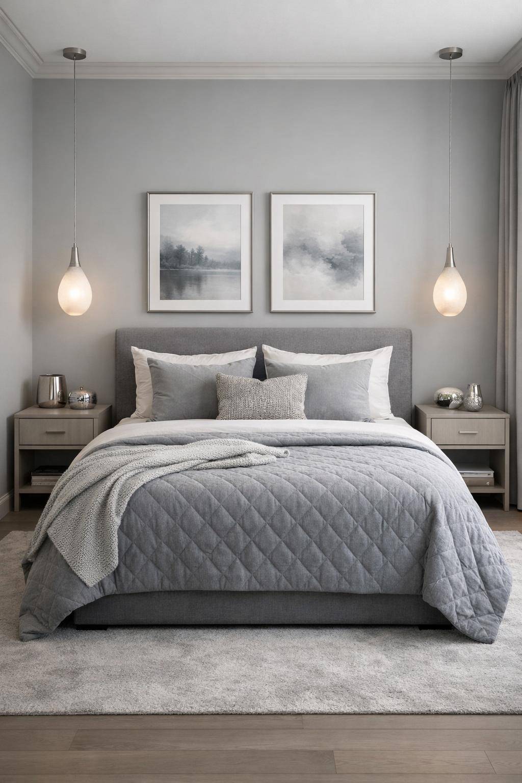 Gästezimmer in Grau- Wähle filigrane Lampen für sanftes Licht