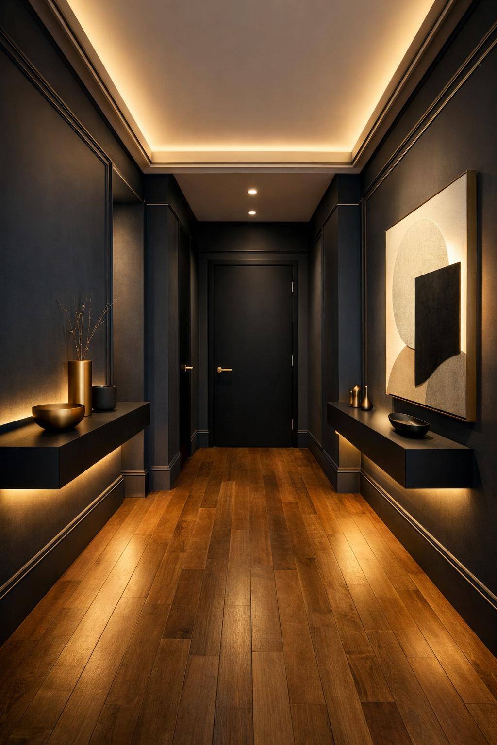 Ideen: Flur in dunklen Farben gestalten- Beleuchte den Flur mit indirektem Licht