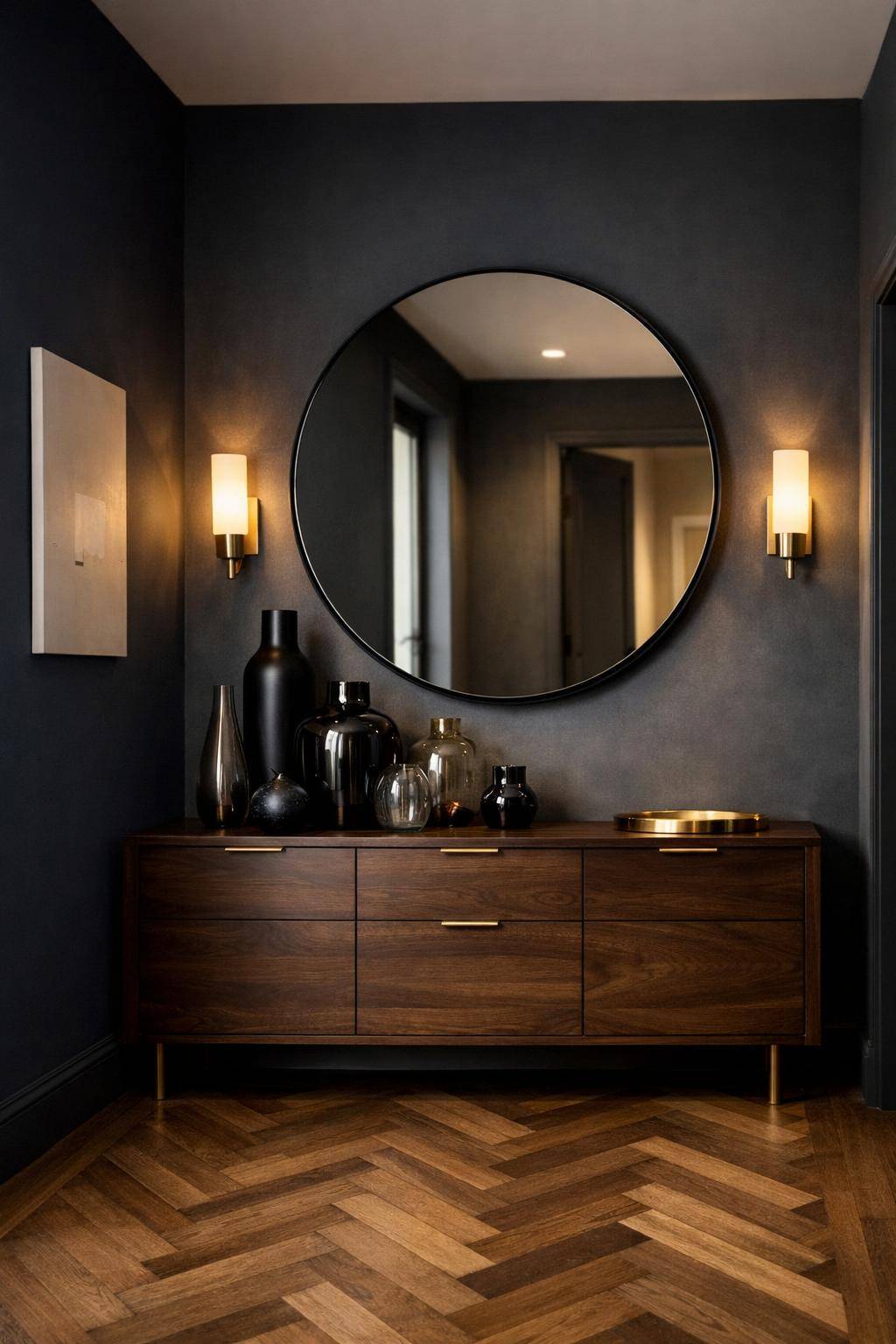 Ideen: Flur in dunklen Farben gestalten- Bestücke Kommoden mit dunklen Glasvasen