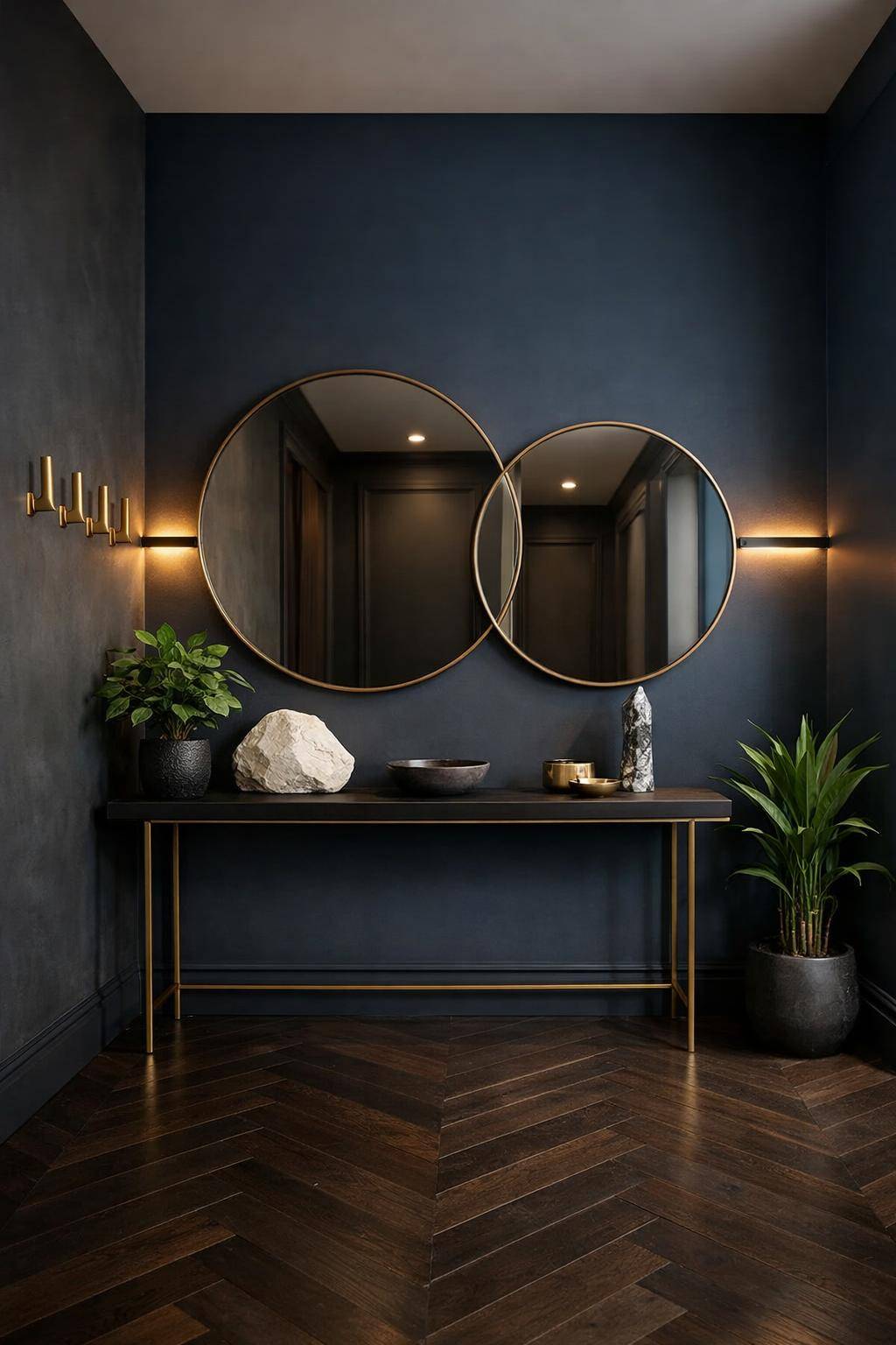 Ideen: Flur in dunklen Farben gestalten- Dekoriere mit Statement-Spiegeln in rundem Design