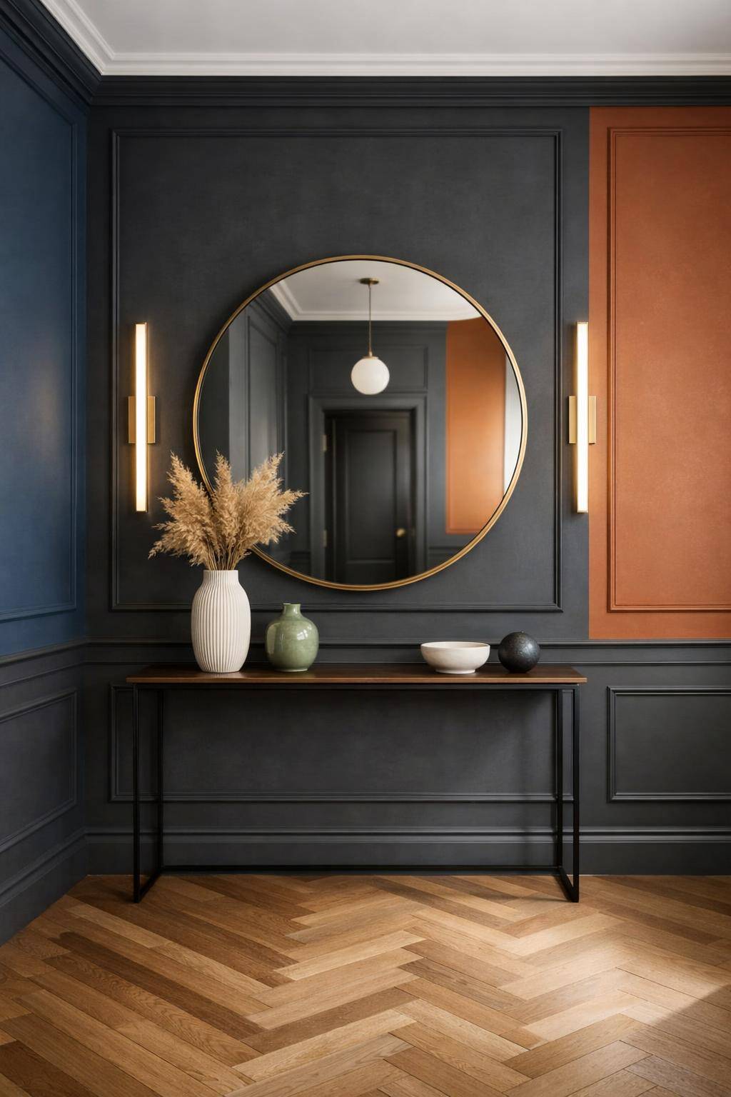 Ideen: Flur in dunklen Farben gestalten- Experimentiere mit verschiedenfarbigen Wandabschnitten